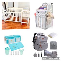 FULL LOT: crib, Diaper Bag, Diaper Caddy, Bath Kneeler, Crib Sheets 