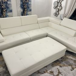 New Top Grain Leather Sectional With Adjustable Headrests.  White, Black Or Brown.  124” X 94” X 36”H.  Free Delivery!