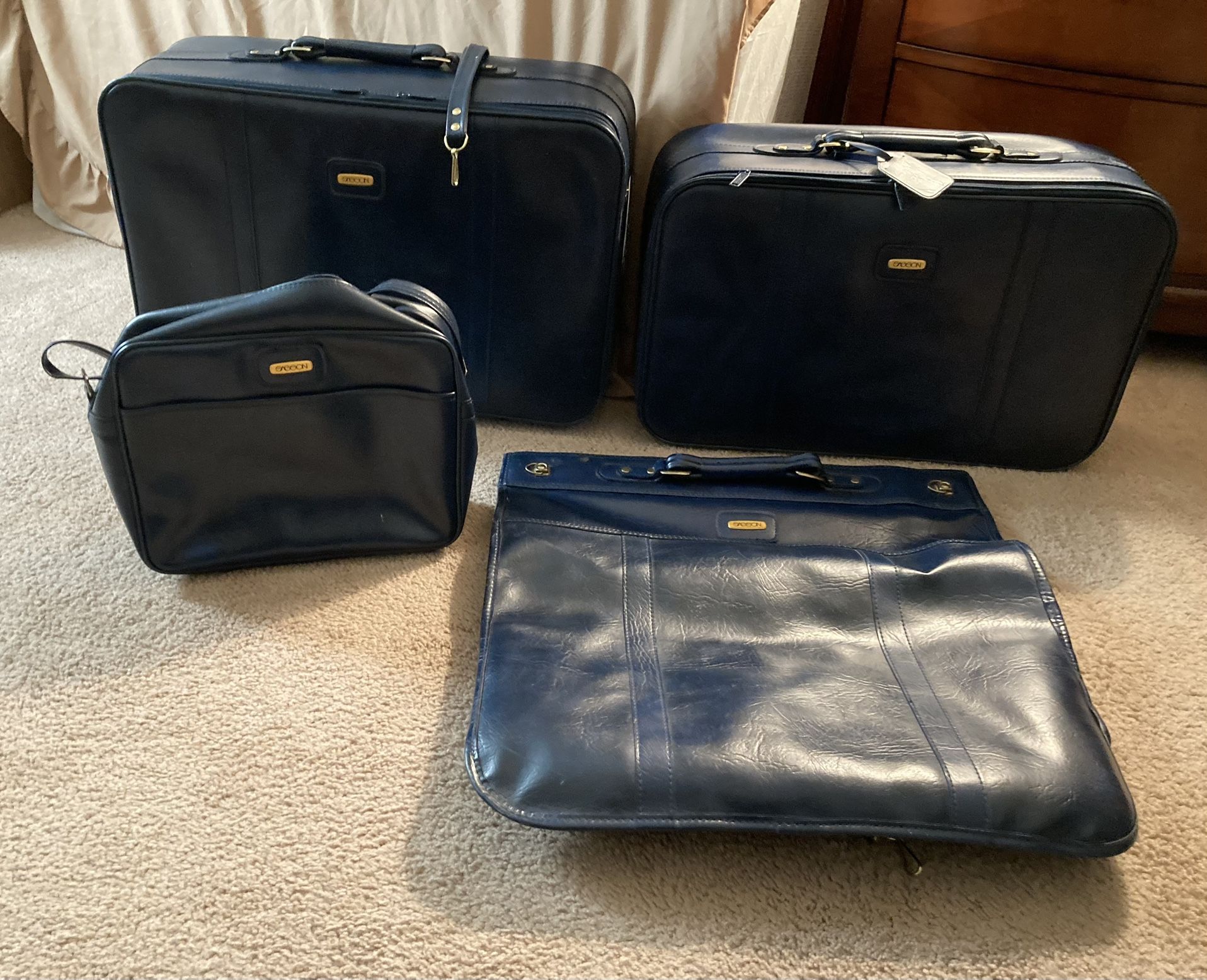 Blue Leather Men's Travel Bag Set