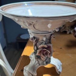 Stunning Large Vintage Capodimonte Centerpiece pedestal bowl with a  hand painted sculpted rose bloom  and two rose buds. In perfect condition. Stands
