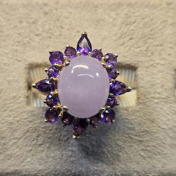 14k Yellow Gold 3.49cts Lavender Jade And 1.33ctw Amethyst Halo Ring 