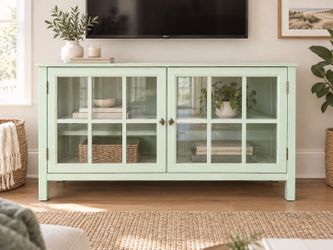 🌿 Vintage-Inspired Lichen Green Glass Door Entertainment Center / Console / Credenza