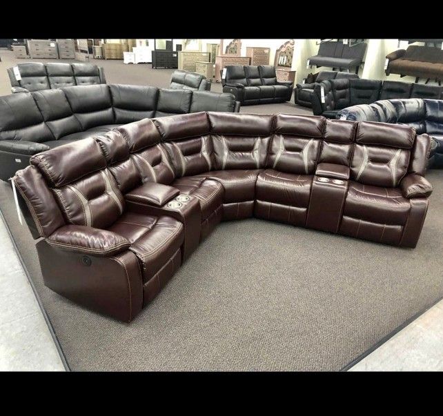 Brown leather recliner sectional sofa set 