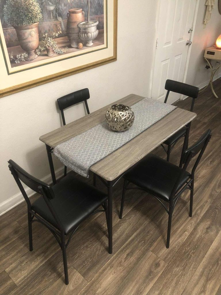Gray Dining Table Set With 4 Black Leather Chairs