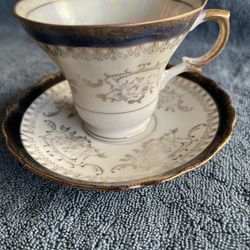 Vintage Royal Crown Tea Cup Saucer Japanese Porcelain Black Gold Gilt