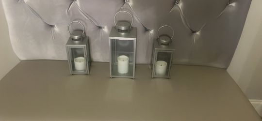 Set of 3 Silver Metal Candle Lanterns