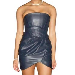 Oh Polly Navy Blue Faux Leather Strapless Corset Faux Wrap Mini Dress Date Sz 4