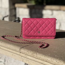 CHANEL Fuchsia Caviar Leather Wallet On A Chain for Sale in