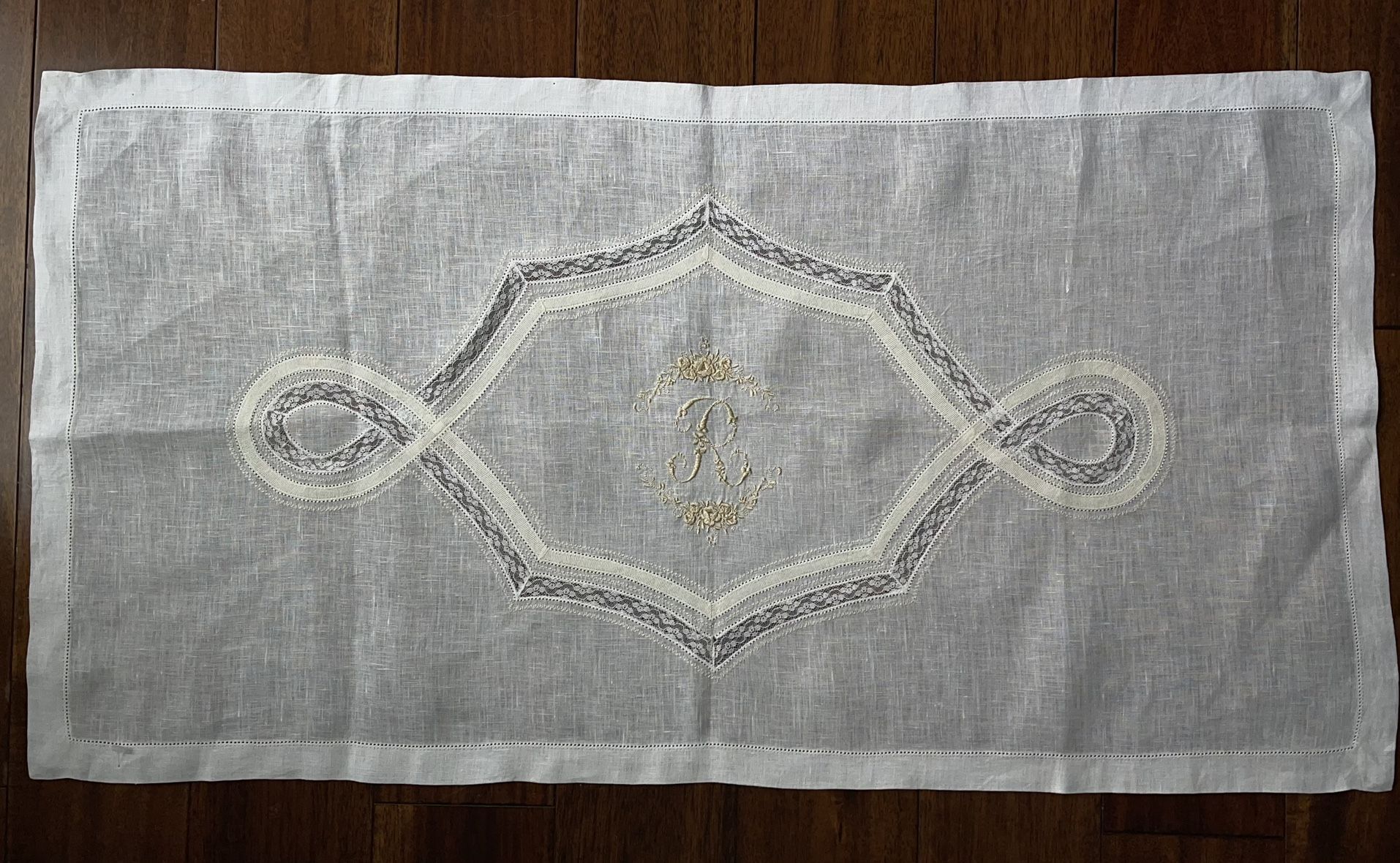 Vintage Linen White One Beige “R” Hand Embroidered Table Runner. 