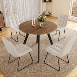 34.6'' Round Dining Table and Chairs for 4 Space Saving for Apartment Kitchen Dining Room (Walnut Table+4 U-Shaped White Chairs KKD6480BRN