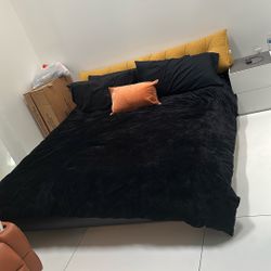 king Size Bed With Free Yellow Headboard Pillow , memory Foam Mattress  And Nightstand 