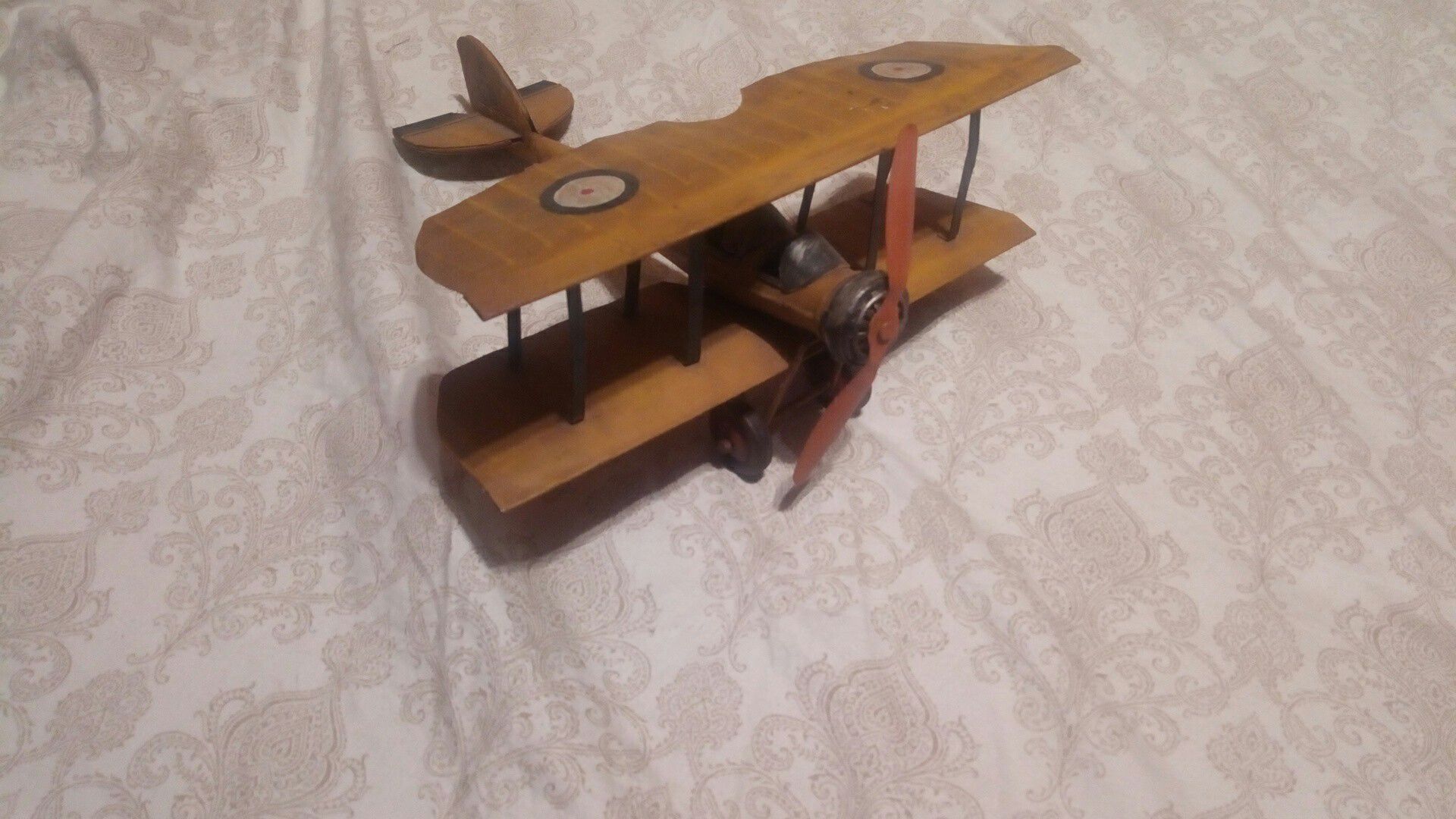 Vintage Yellow Tin Metal Biplane Airplane Model Decor Toy Collectible Gift