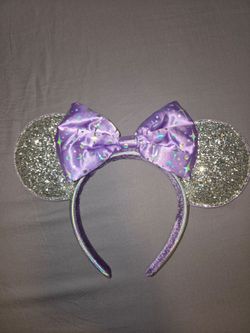 Minnie Mouse Ears Headband Silver Glitter Purple Bow