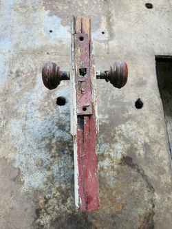 Antique Mortise Lock Door Knob Set on Original Chippy Paint Wood Block – Historic Architectural Salvage
