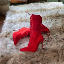 Super Sexy Red 5 Inch Heel Lace Up Midcalf Boots