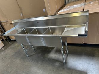 New 3 compartment sink 90” for restaurants 18x18” with right and left drainboard best price ever