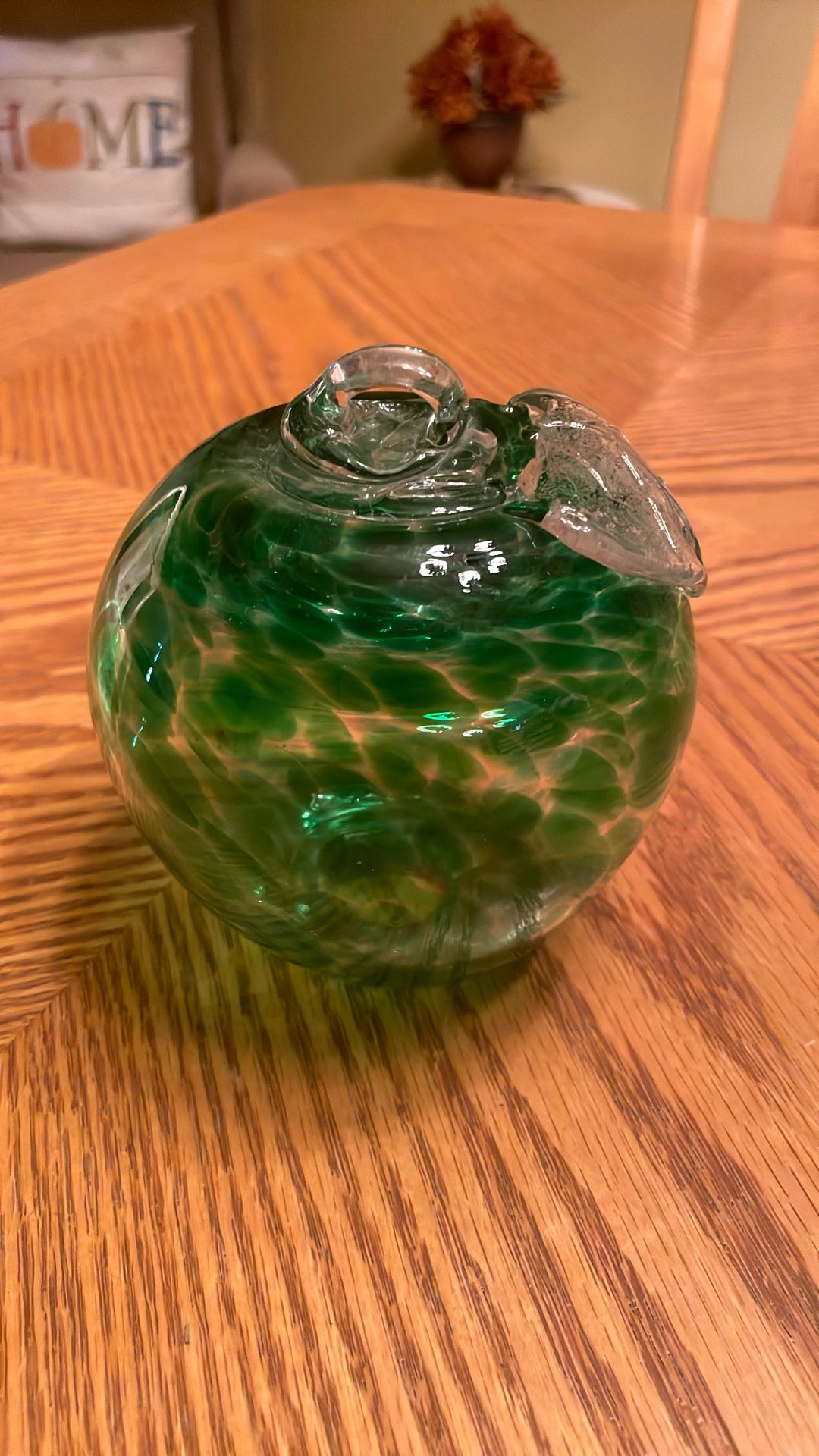 Large Green Art Glass Apple w/Leaf Paperweight 