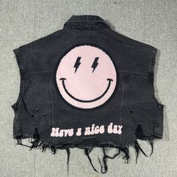 Trio Urban Jean Jacket S/M Cropped Black Denim Tattered Smiley Face  
