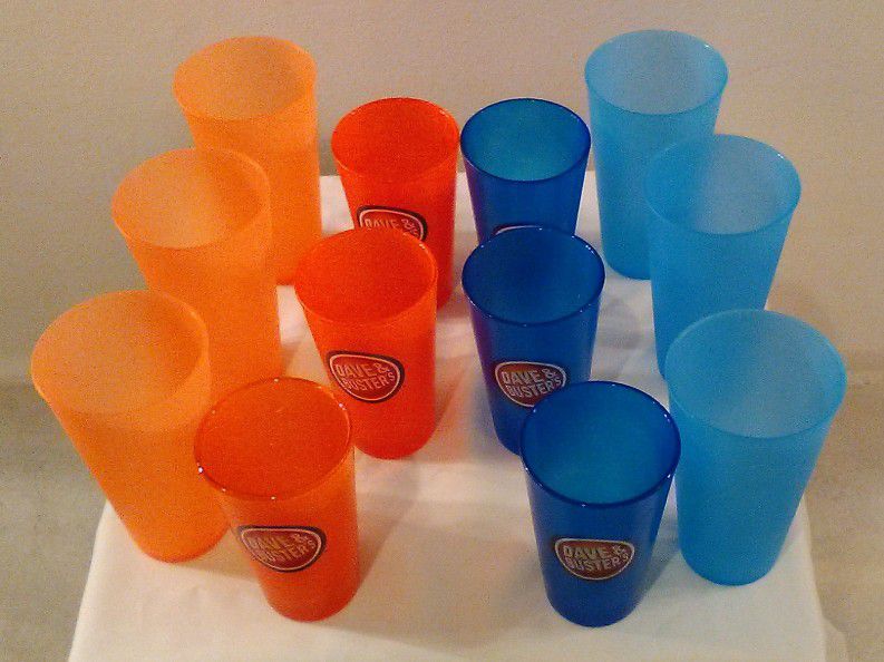 Dave & Buster's 20 oz. Souvenir Glasses (3 Neon Blue & 3 Neon Orange) + 6 Matching 25.5 oz. Tumblers in the Same Bright Colors - All in Good Condition