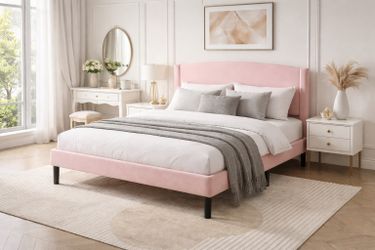 Full Size Teddy Fabric Upholstered Platform Bed Frame with Curved Headboard and 