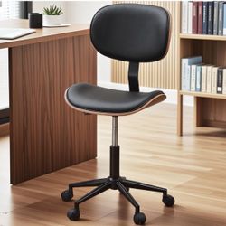 Small Office Chair with Bentwood Back Support, Armless Desk Chair with 360° Swivel, Height Adjustable Computer Chair with Wheels, PU Leather Modern fo