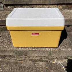 NEW Vintage 1970’s Coleman Metal Handle Mustard Yellow Cooler w Orig Paperwork 