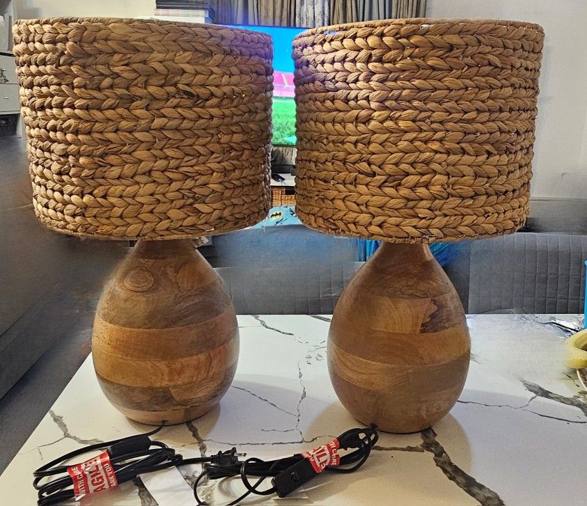 Set of 2 World Market Woven Rattan Table Lamps with Wooden Base – Mix & Match Shade