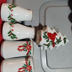 Christmas Salt / Pepper Shakers And Napkin Holder