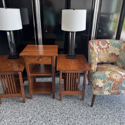 Amish made, Solid Oak End Tables And Lamps.