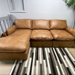 Emilia Caramel 3-Piece Sectional Sofa And Ottoman $10 Down Payment And Financing Available