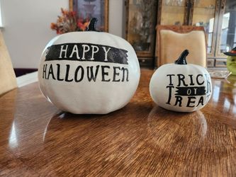 Set of 2 White Decorative Pumpkins ("Happy Halloween" & "Trick or Treat")