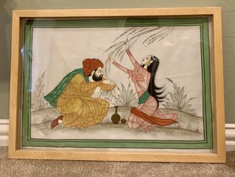 Hand painting on silk Framed In Wooden With Glass Cover