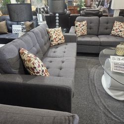 Brand New Tufted Gray Linen Sofa + Loveaeat 2PCs Set