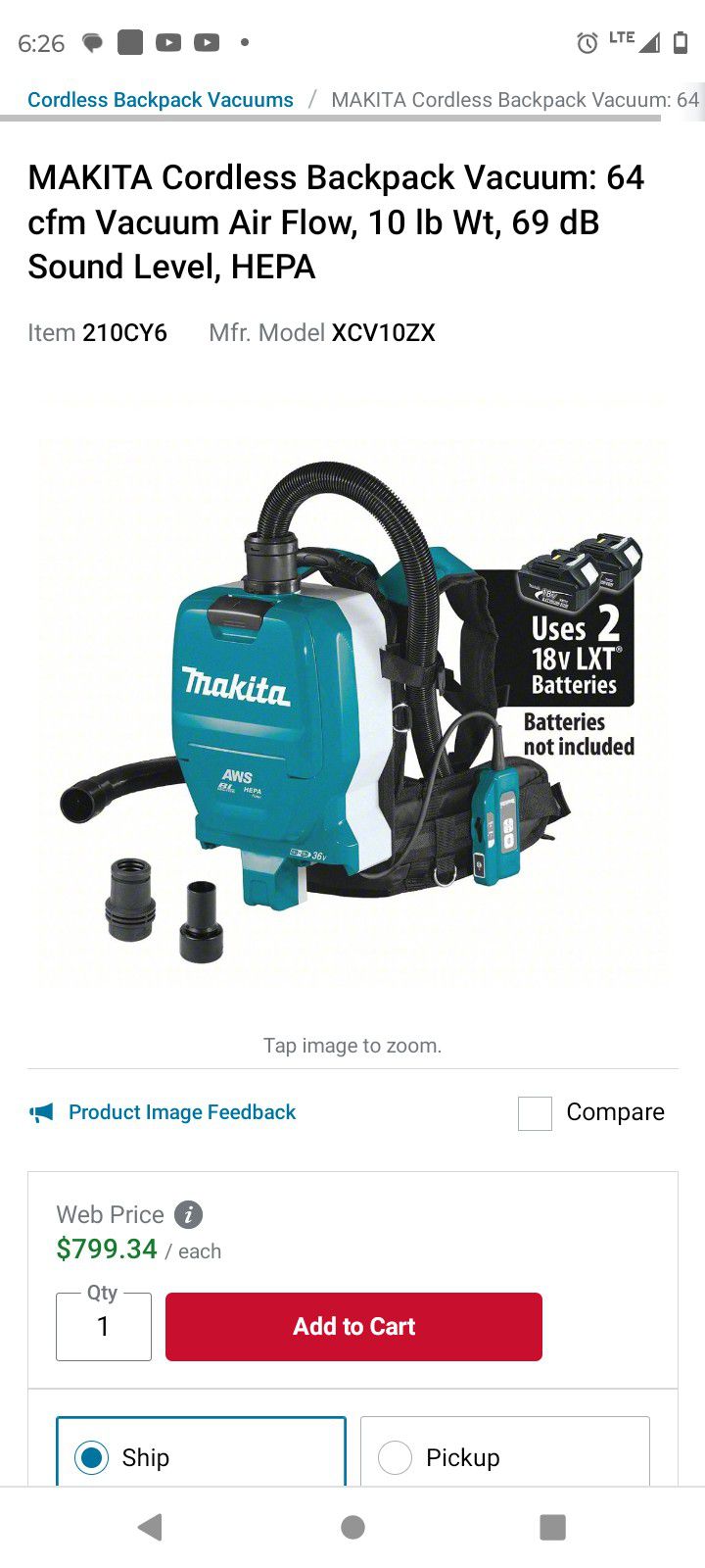 Makita Vacuum Backpack 36 Volts