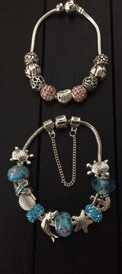 Two 8” Sterling Silver Plated Charm Bracelets with Swarovski Crystal Charm beads and Murano Glass beads, Value Pack/We ship Fast!