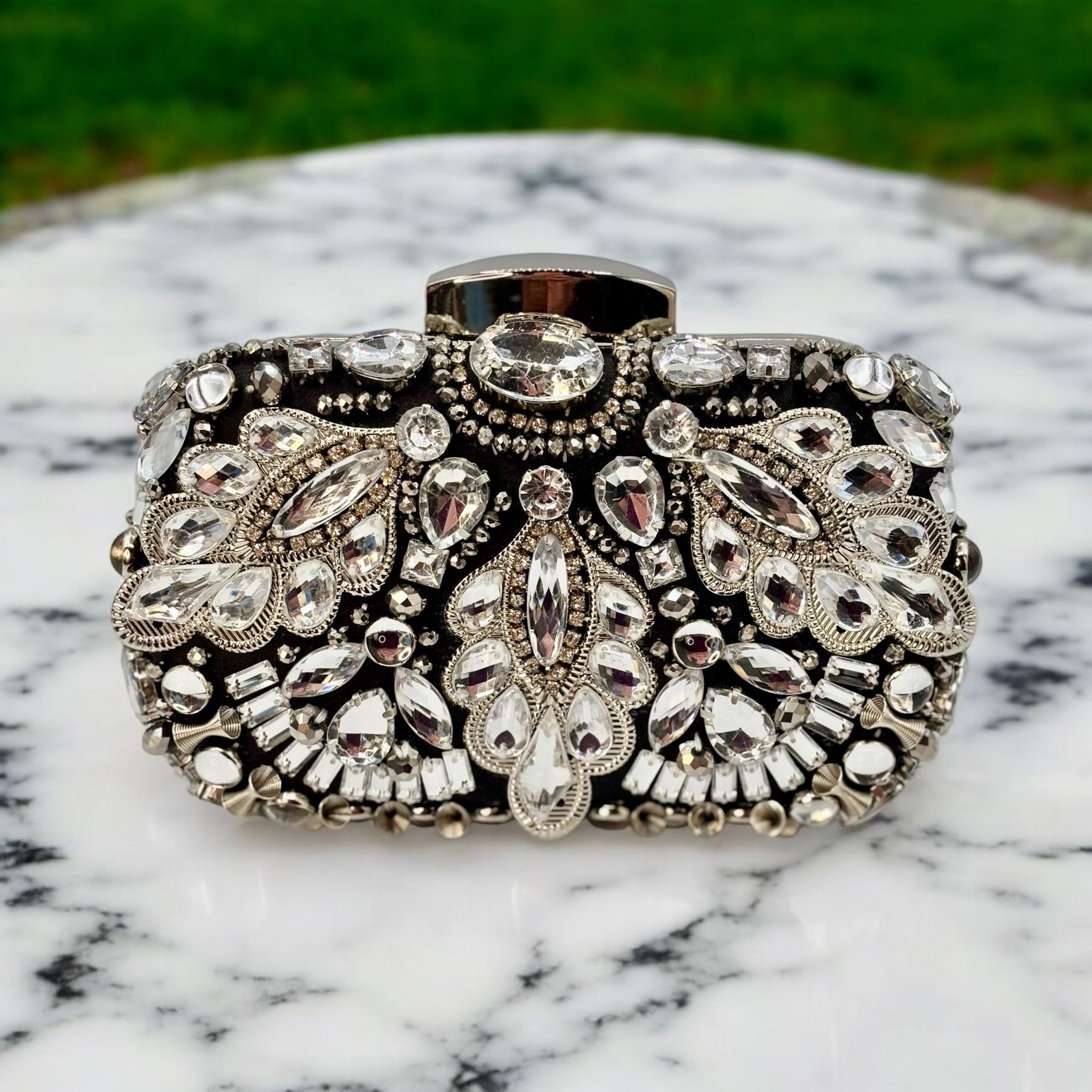  Stunning Silver and Black Clutch Purse with crystals and Rhinestones