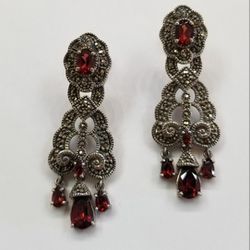 Sterling Silver Earrings Garnet And Marcasites 