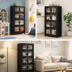 Plastic Stackable Storage Bins with Lids and Wheels, 148.8QT-37.2QT*4Tier Foldable Storage Containers and Collapsible Clear Storage Cabinet with Doors