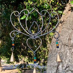 Iron Lotus Heart With Glass Beads & Brass Bells Wind Chime Sun Catcher Mobile