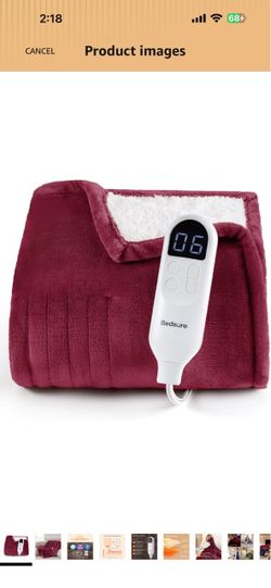 Bedsure Heated Blanket Throw, Soft Electric Blanket with Preheat, Burgundy 6 Heat/6 Timer Settings, 8H Auto Shut-Off, ETL/FCC, Flannel Sherpa, Machine