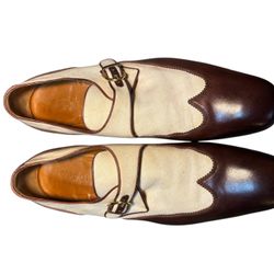 Men’s Preowned GUCCI Brown Leather & Cream Cloth Oxford