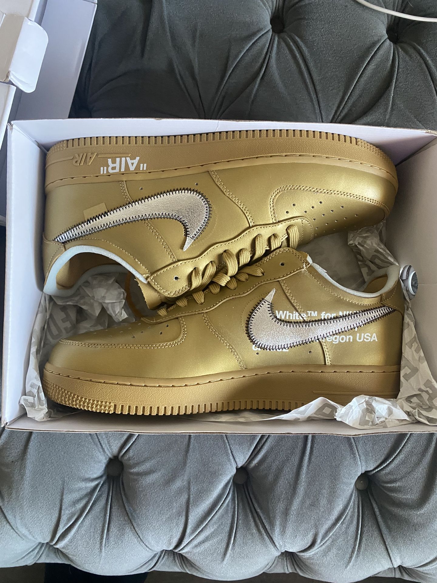 Off White Air Force 1s “Qatar Limited Edition Desert Tan” (size 13)