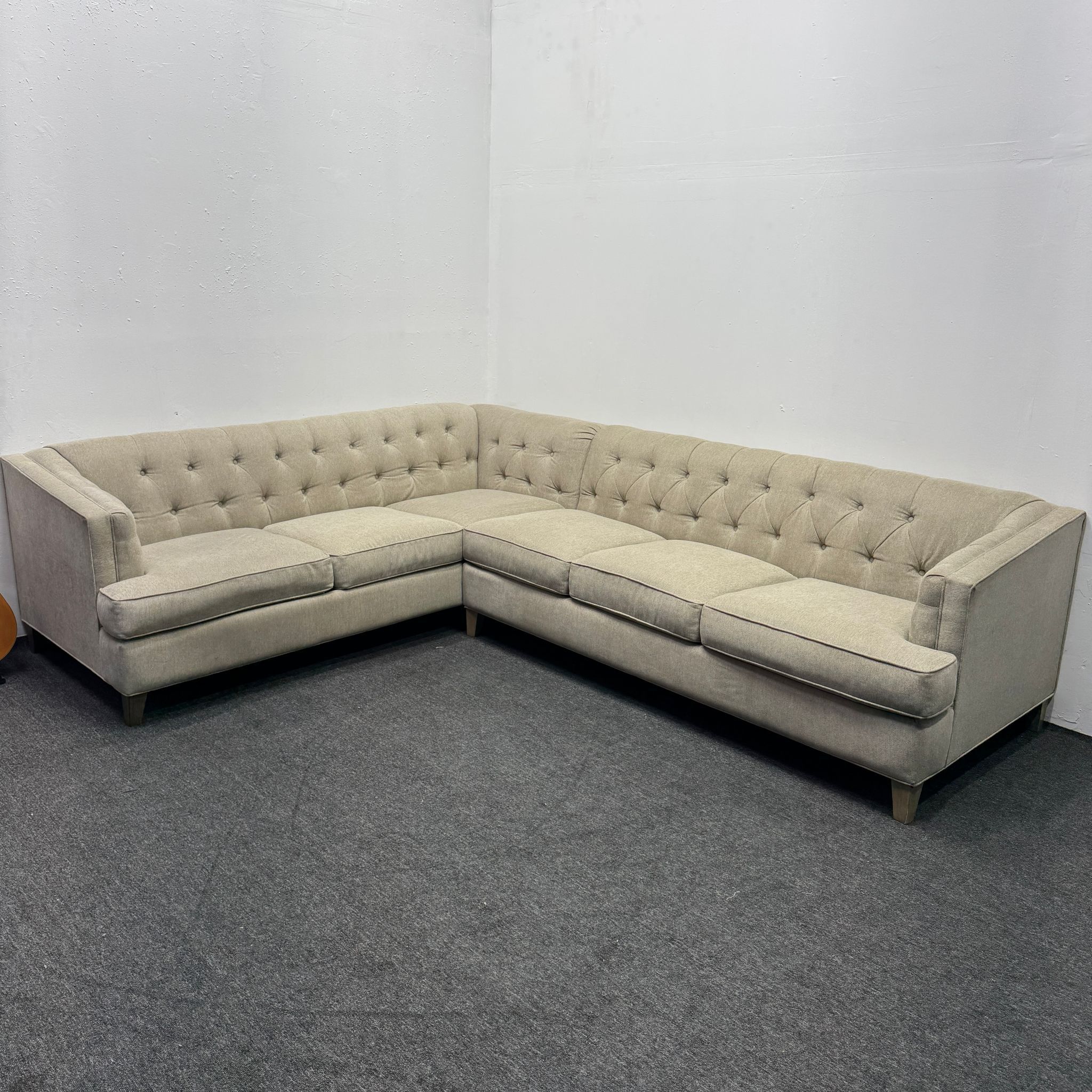 Chesterfield Style Tufted Oatmeal Sectional Couch - Good as New - Can Deliver
