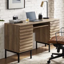 Executive Desk, Modern Industrial Farmhouse Desks for Home Office, with Sturdy Metal Legs, Fluted Panel Dual Cabinet Soft Close Door, Storage Shelves,