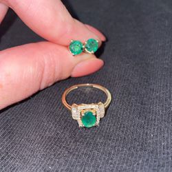 10k yellow gold emerald earrings and emerald ring with diamonds