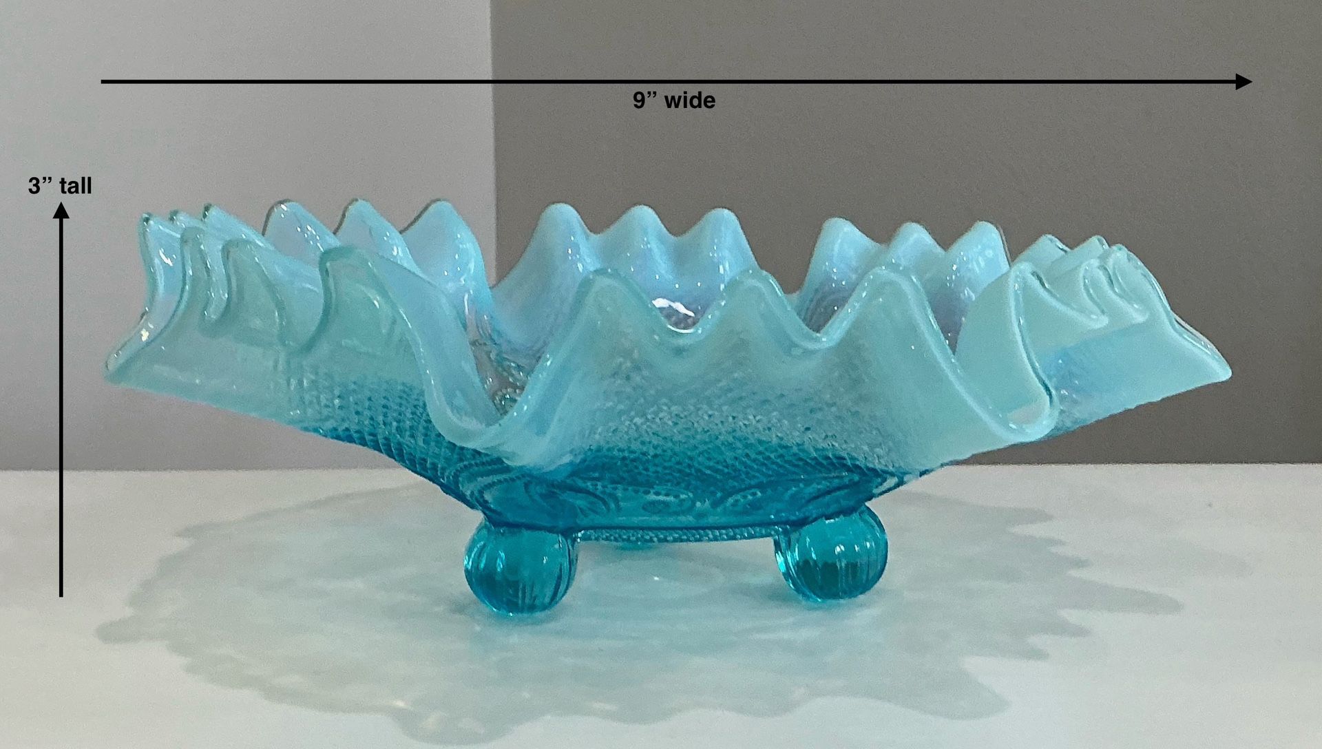 Vintage Northwood Blue Opaline Glass Ruffled Edge 3-Footed Bowl