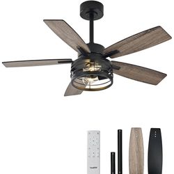 42 Inch Ceiling Fans with Lights and Remote Control, Farmhouse Ceiling Fan for Bedroom Living Room and Patio, Black Caged Ceiling Fan for Indoor and O