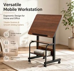 New Walnut Mobile Rolling Desk And Study Workstation - Height Adjustable Laptop Table, Portable Multipurpose Workstation