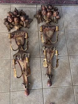 Antique  fine Italian  wood Carved, Painted Gesso 2 tier Candle sconces