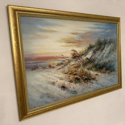 Large Coastal Beach Scene Painting – Gold Frame Wall Art